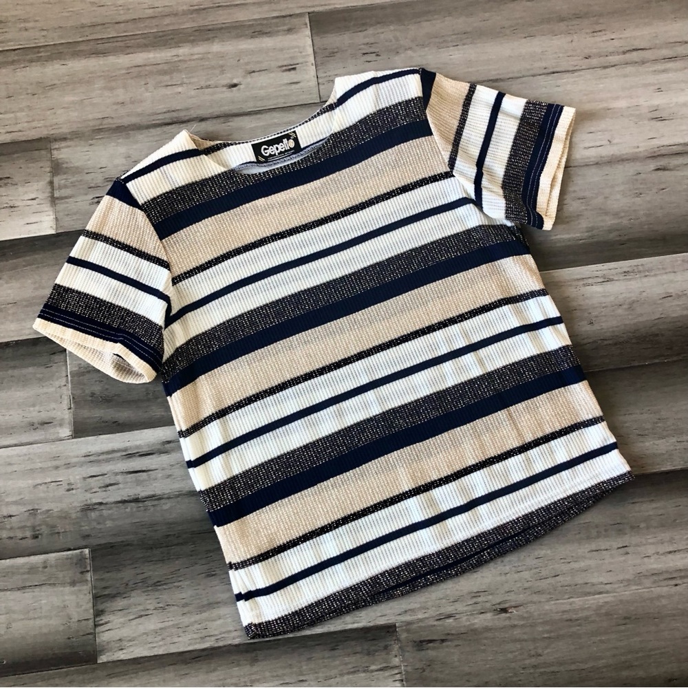 Vintage 1980s Gepetto Short Sleeve Metallic Weave Striped Waffle Knit T-Shirt